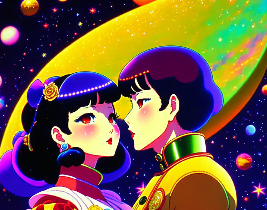 Vibrantly colored cosmic background with two animated characters