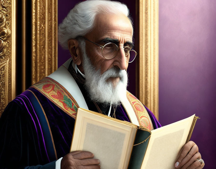 Elder man with white beard reading large book in ornate robes