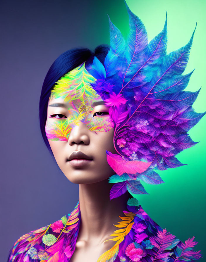 Digital artwork featuring vibrant feather-like patterns on individual's face and hair.