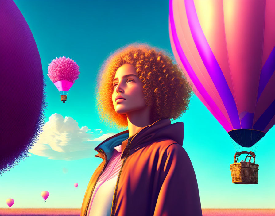 Curly-haired person surrounded by colorful hot air balloons in vibrant sky