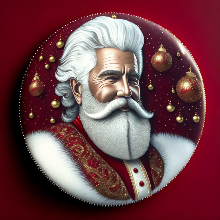 Smiling white-bearded man in Santa-like attire on red background