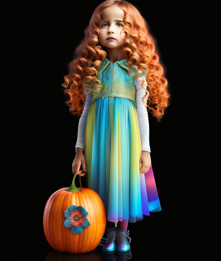 Young girl with curly red hair in rainbow dress holding painted pumpkin