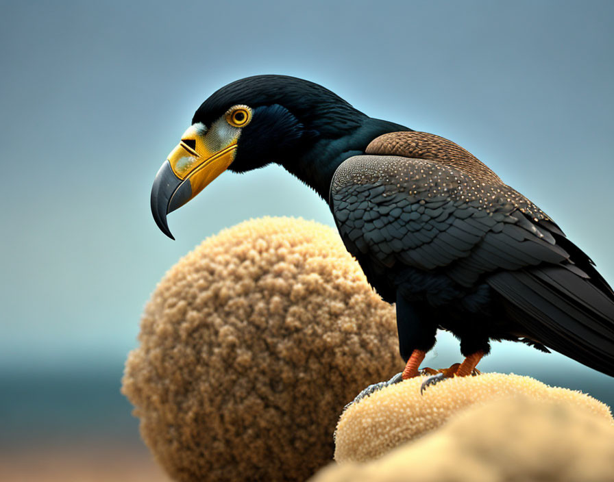 Glossy black curassow bird with yellow beak perched on rounded object