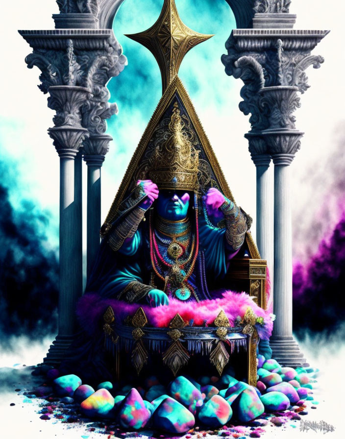 Blue-skinned figure on throne surrounded by columns and glowing stones