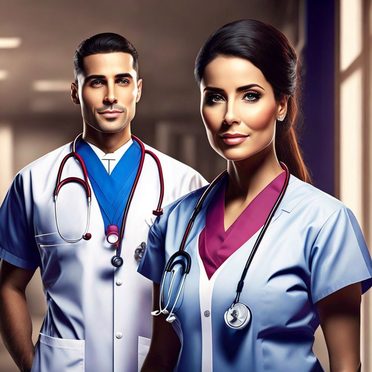 Healthcare professionals in scrubs and stethoscopes at hospital.