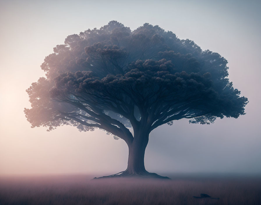 Solitary tree with thick trunk in foggy landscape