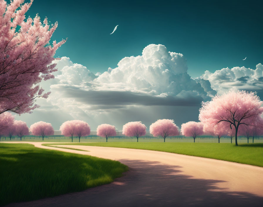 Tranquil landscape with pink cherry blossom trees and crescent moon