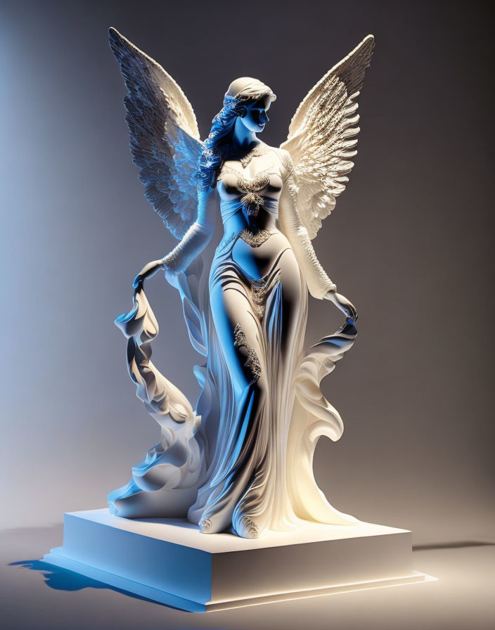 Angel figurine with blue and white hues on pedestal against gradient background