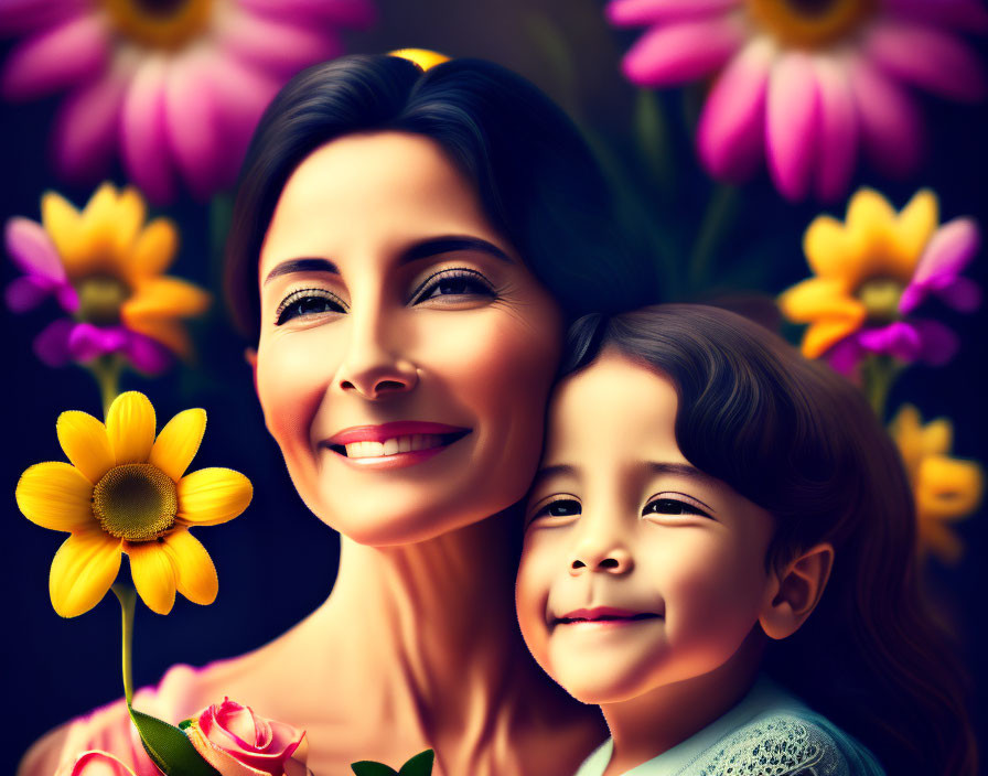 Woman and child smiling in colorful flower field with focus on yellow flower