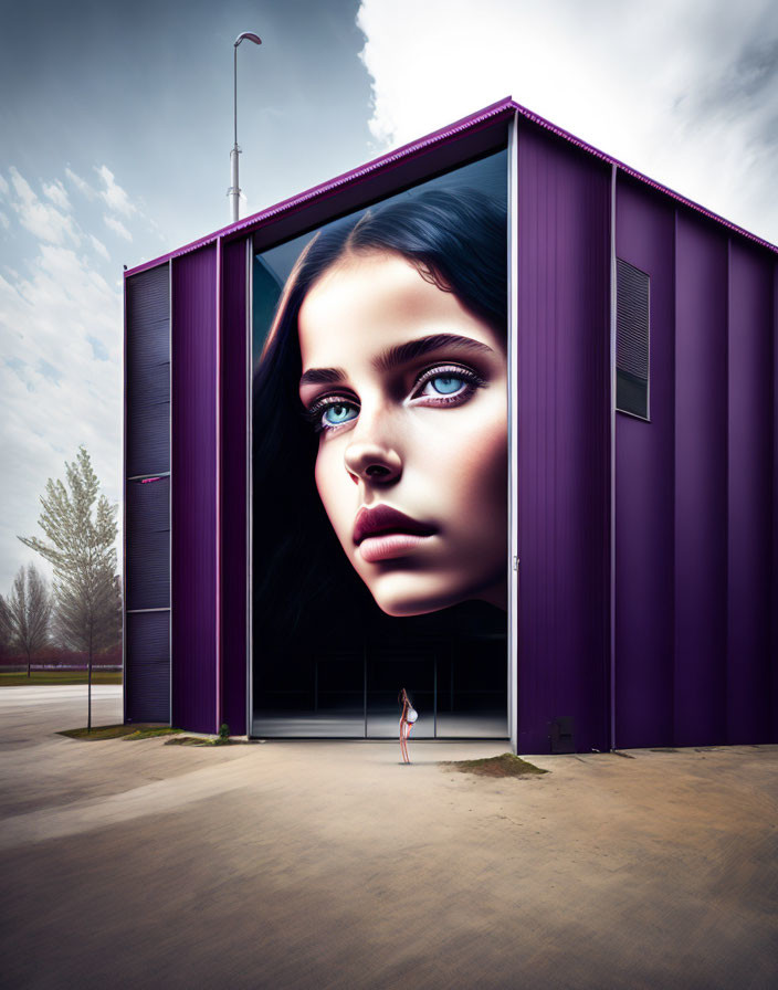 Mural of woman's face on purple building with lone person under cloudy sky