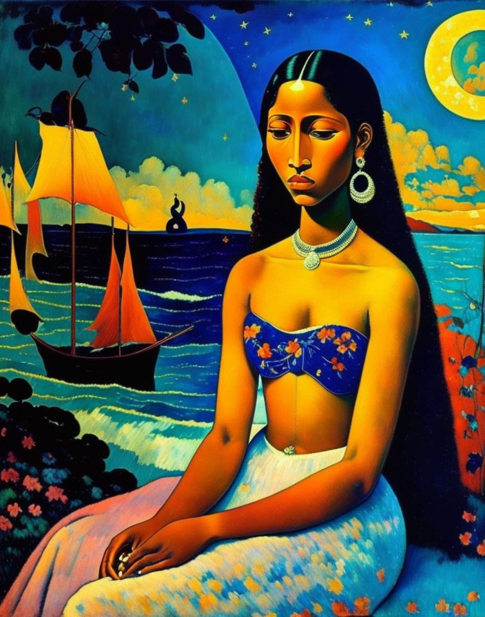 Stylized painting: Woman with long black hair by the sea