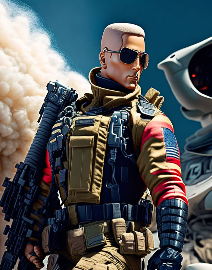 Detailed Military Action Figure with Sunglasses, Tactical Gear, Rifle, Blue Sky & Smoke Plume