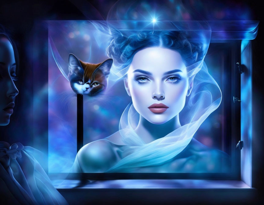 Ethereal woman with blue eyes and mystical cat by luminous window