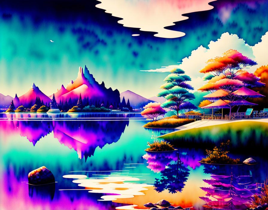 Colorful surreal landscape with neon lake, multicolored trees, and mountain backdrop.