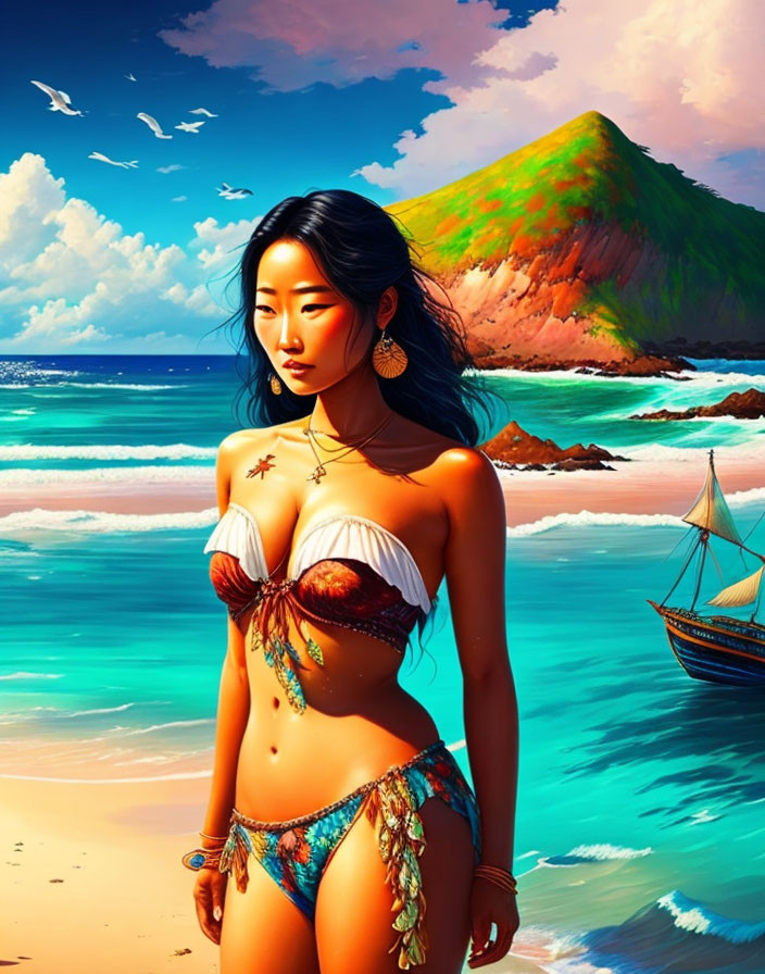 Digital artwork of woman in bikini on beach with sailboat and mountain