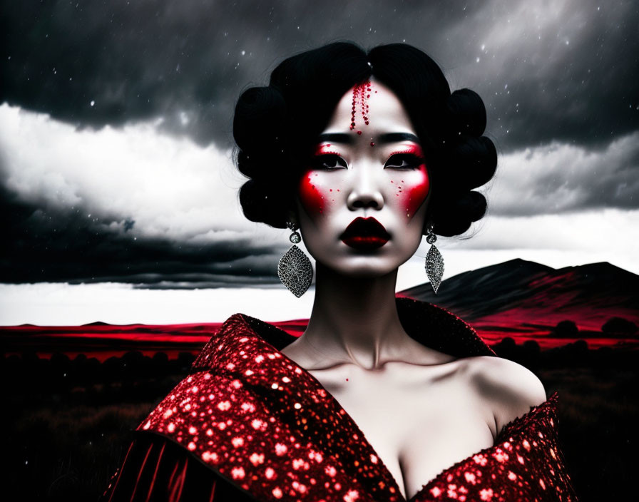 Woman portrait with red and black makeup against stormy landscape