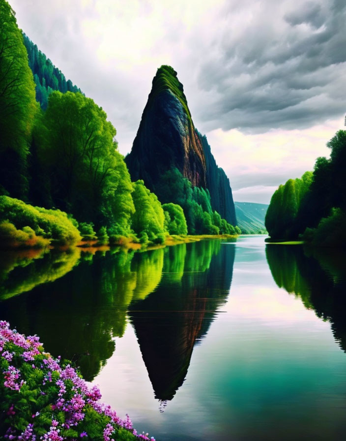 Tranquil river, towering cliff, lush greenery, dramatic sky, purple flowers