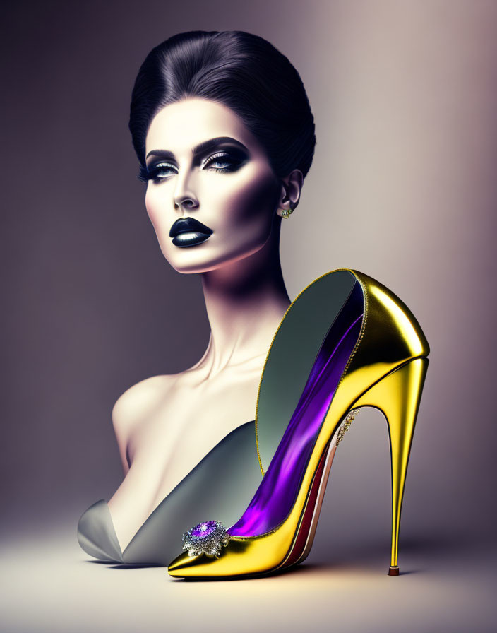 Abstract image of woman's face merged with high-heeled shoe, bold makeup and vibrant colors