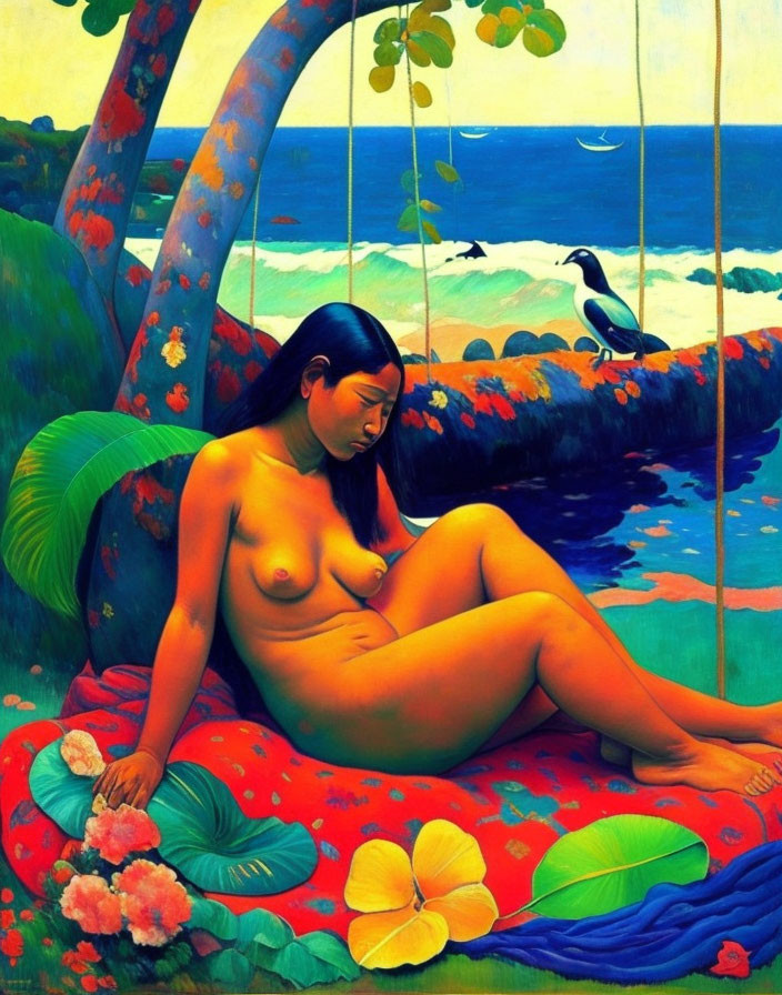 Vibrant painting of nude woman by the sea with lush greenery and flowers