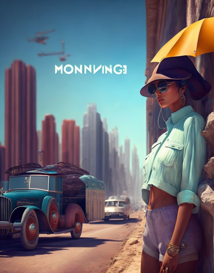 Fashionable woman in sunhat and sunglasses by "MONNING" sign with vintage cars and futuristic skyline