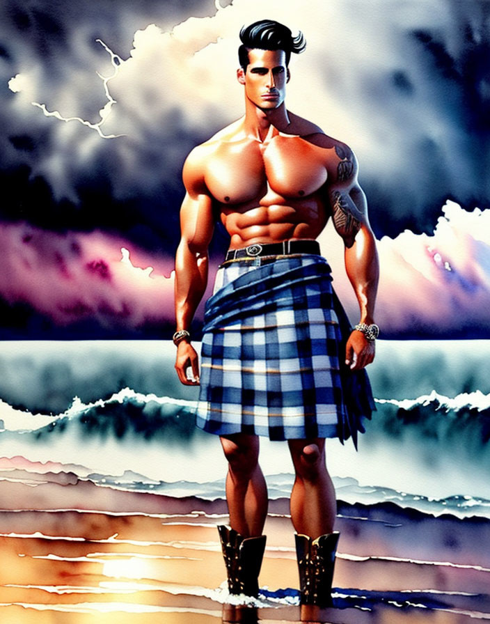 Muscular man in kilt and boots by the sea with lightning and clouds