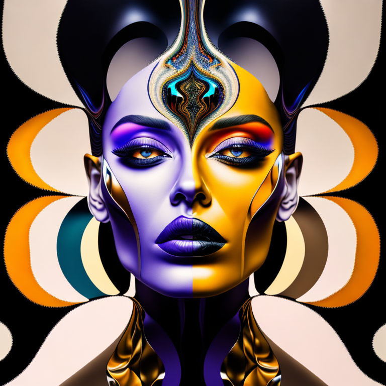 Symmetrical face with vivid makeup in surreal digital artwork