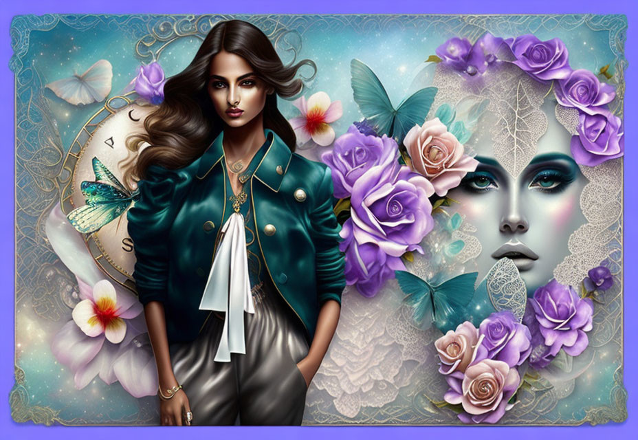 Stylized woman with floral motifs and compass in fantasy art