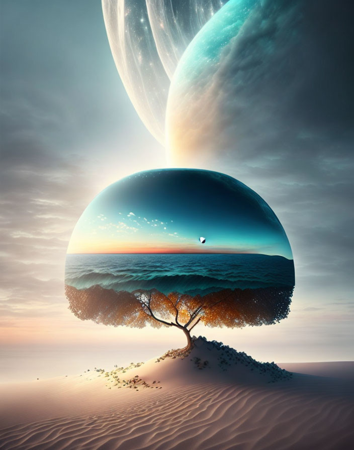 Surreal landscape featuring lone tree, levitating ocean, giant planets, twilight sky