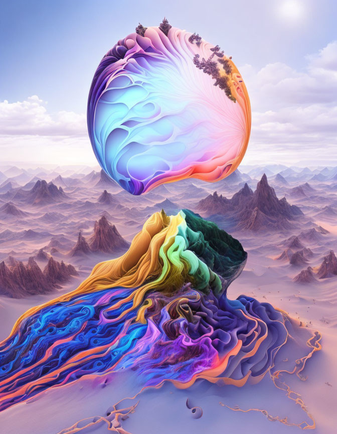 Colorful melting structure in surreal desert landscape