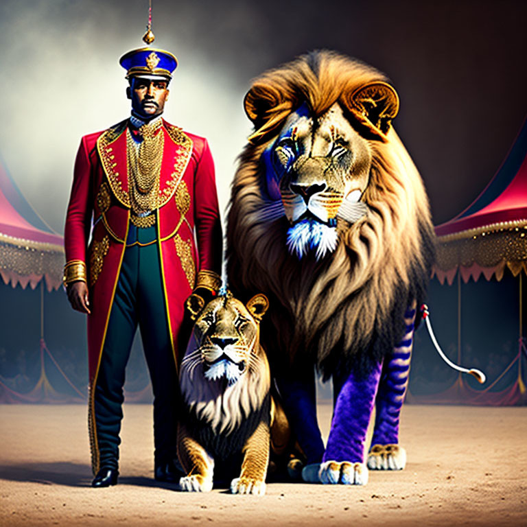 Ringmaster with lion and lioness in front of circus tent.