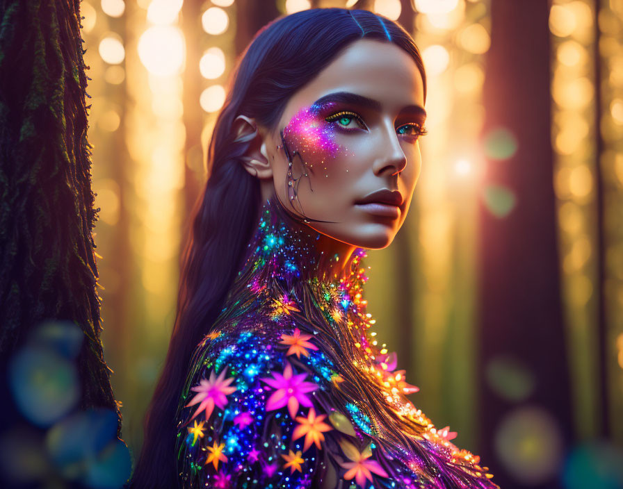 Vibrant cosmic makeup and glittering body art in forest setting