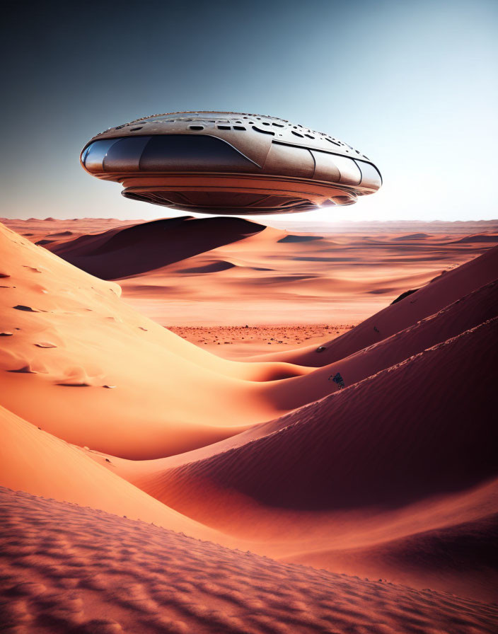 Futuristic spaceship over vast desert landscape