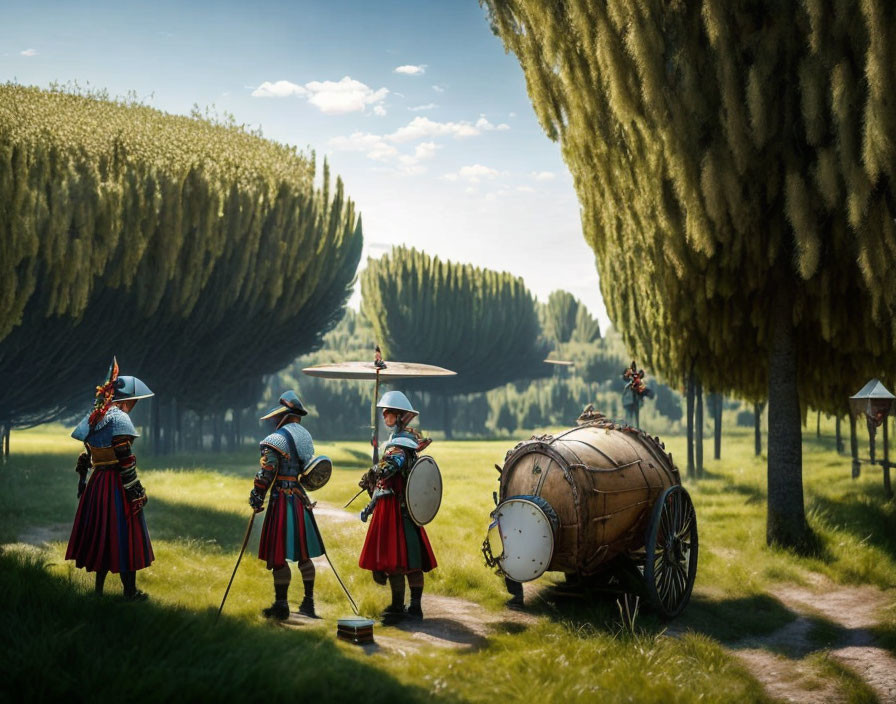 Three individuals in traditional armor with drum and flag by wooden cart in lush landscape