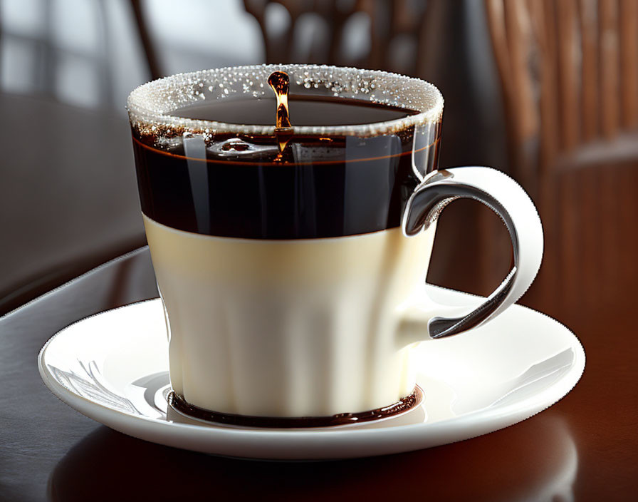 Freshly Brewed Coffee in Two-Tone Cup on Saucer Against Wooden Background