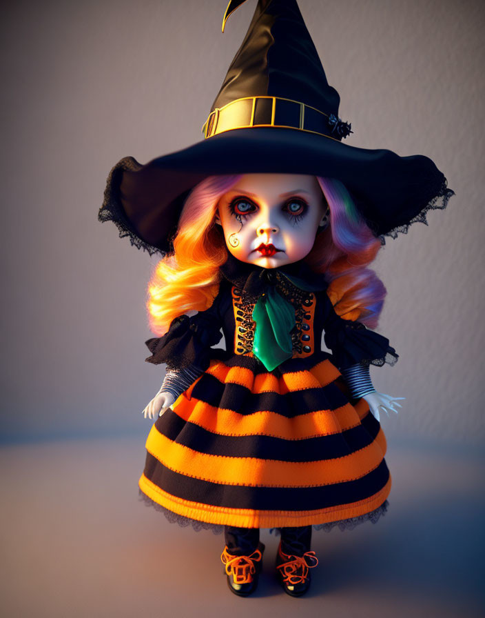 Doll in Witch Costume with Large Eyes and Striped Dress