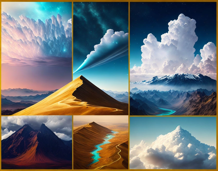 Diverse Landscapes Collage: Clouds, Night Sky, Mountains