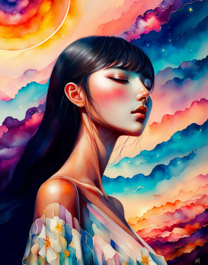 Dark-haired woman in digital art against vibrant sky with pink, purple, orange clouds and sun