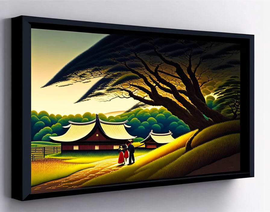 Stylized painting of two people near Asian temple