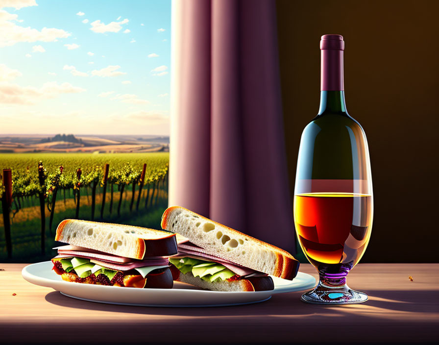 Wine bottle, glass, sandwiches, vineyard backdrop at sunset