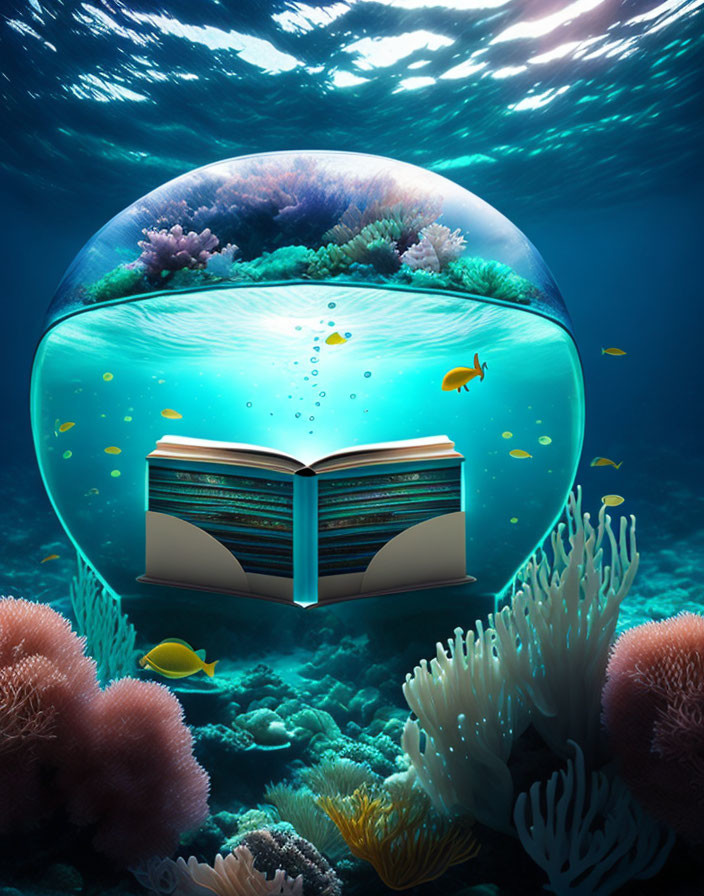 Open book displaying vibrant underwater world with coral reefs and fish