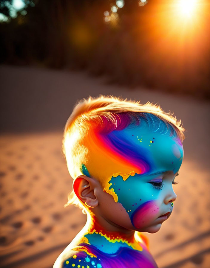 Child with colorful paint-like pattern in sunlight against natural background