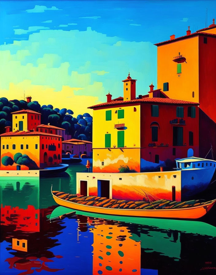 Colorful Coastal Scene Painting with Boat and Reflection