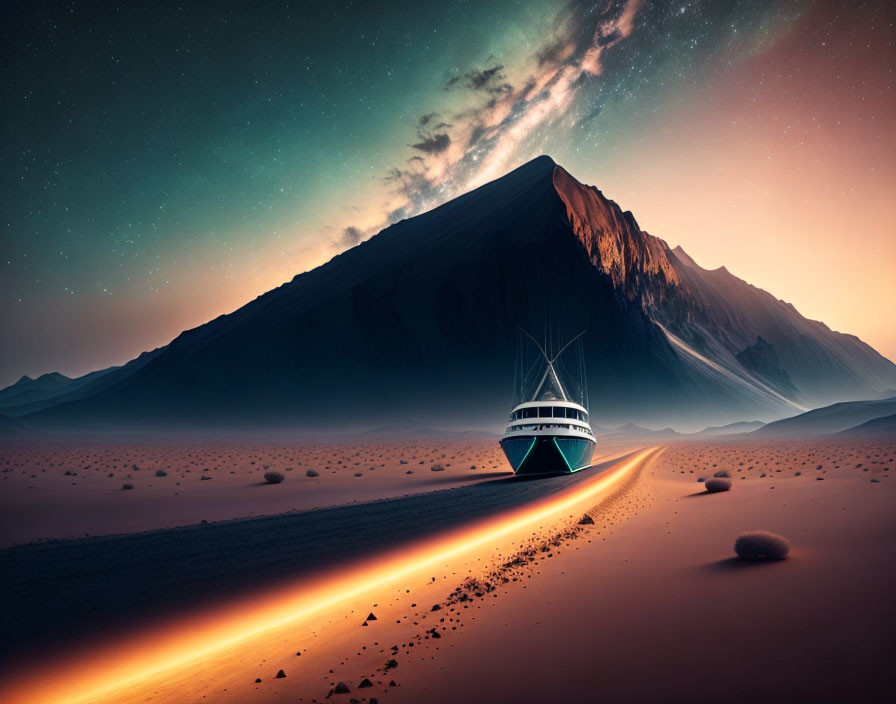 Surreal desert landscape with boat, starry sky, and mountain