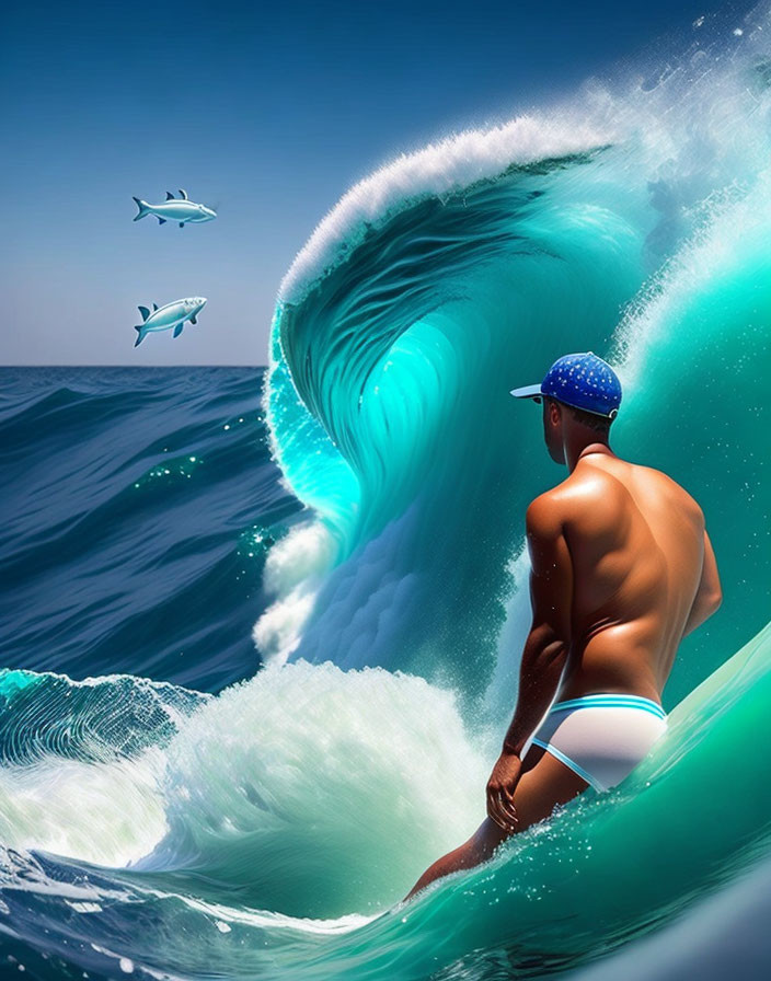 Person in swimwear and cap surfing big blue wave with fish.