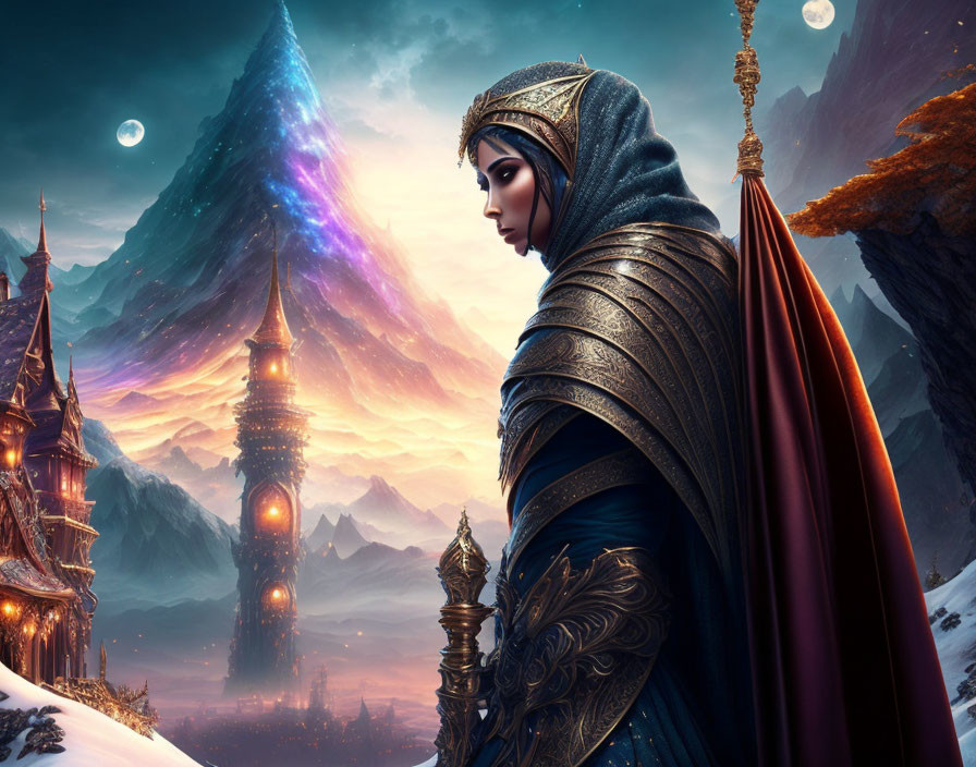 Cloaked Figure in Ornate Armor in Fantasy Landscape