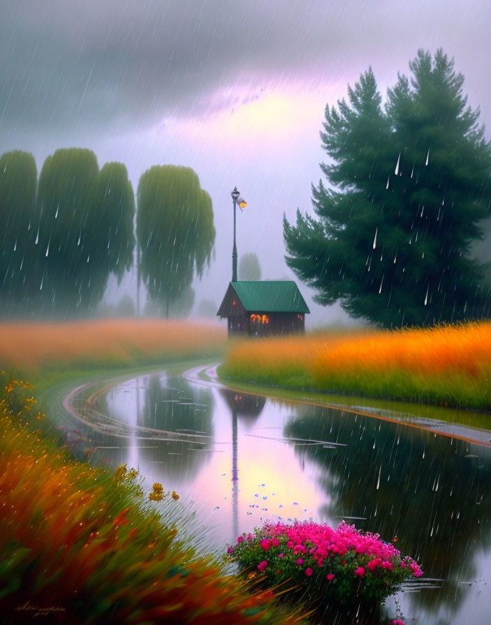 Rainy countryside scene with small house, trees, road, and flowers in puddle