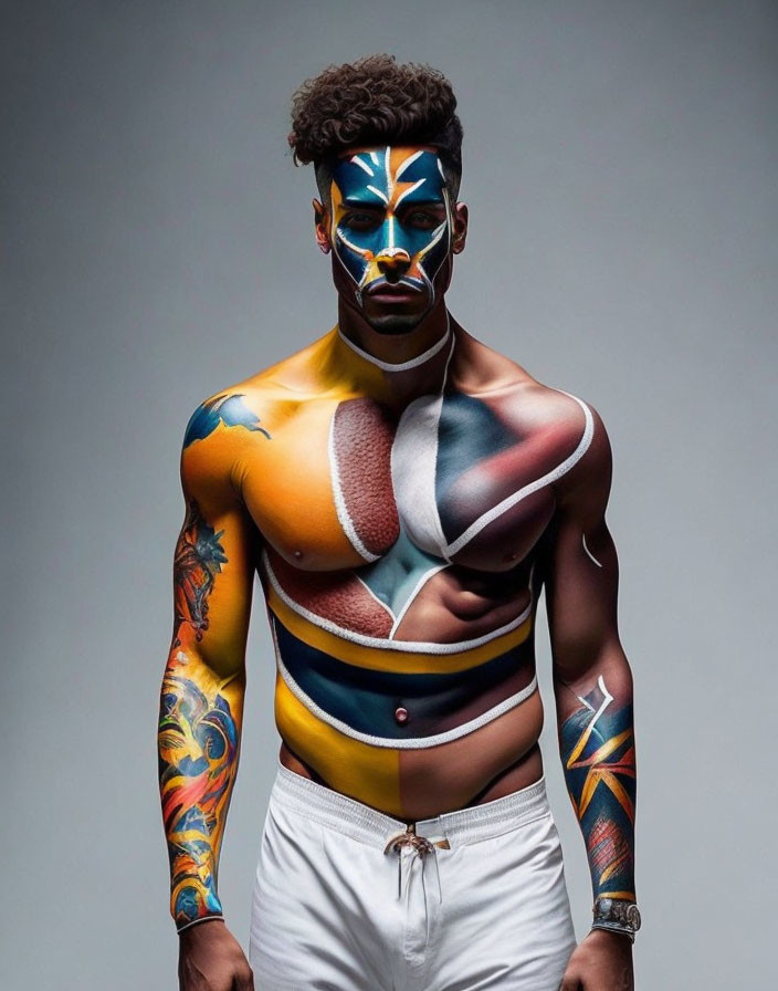 Colorful Abstract Body and Face Paint on Man with Tattoos