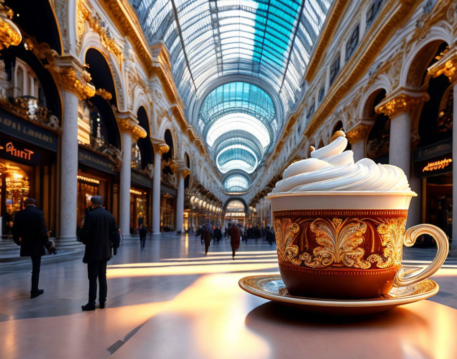 Golden Cup with Whipped Cream in Elegant Shopping Arcade