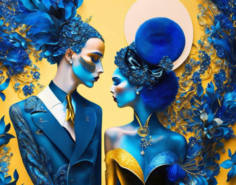 Stylized blue and gold figures on vibrant yellow background