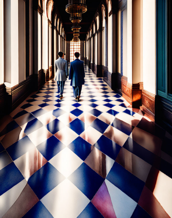 Two people in suits walking down a checkered corridor with ornate lanterns